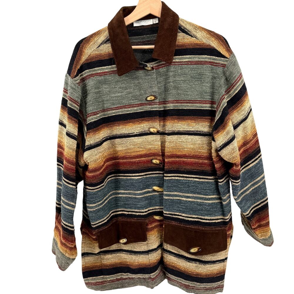 Vintage 90s Lew Magram Sage Green Striped Woven Suede Trim Shacket Jacket
